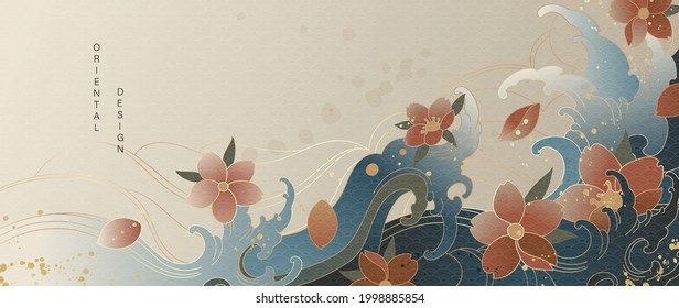 Luxury gold oriental style background vector. Chinese and Japanese oriental line art with golden texture. Wallpaper design with Cherry blossoms flower and Ocean and wave background.