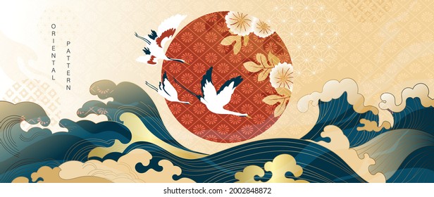 Luxury gold oriental style background vector. Chinese and Japanese oriental line art with golden texture. Wallpaper design with Cherry blossoms flower and Flamingo. Red sun, Ocean and wave wall art. - Shutterstock ID 2002848872