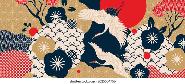 Luxury gold oriental style background vector. Chinese and Japanese oriental line art with golden texture. Wallpaper design with Cherry blossoms flower and Flamingo. Ocean and wave wall art.
