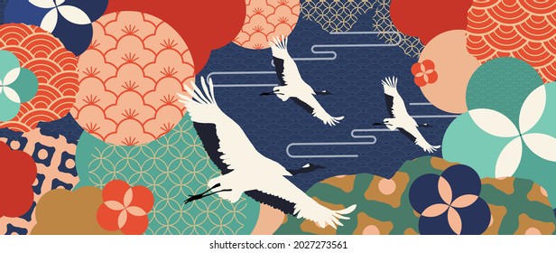 Luxury gold oriental style background vector. Chinese and Japanese oriental line art with golden texture. Wallpaper design with Cherry blossoms flower and Flamingo. Ocean and wave wall art.