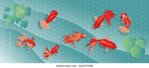 Vector de fondo de estilo oriental dorado de lujo. Arte oriental chino y japonés con peces dorados, olas de estilo japonés, hojas de loto. Elegante diseño de ilustración de estanques para arte de pared, papel pintado.