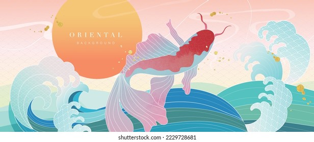 Luxury gold oriental style background vector. Chinese and Japanese wallpaper pattern design with elegant koi carp fish and ocean waves oriental gold line art texture for decoration, wall decor.