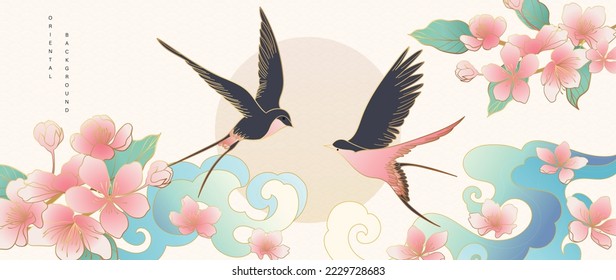 Luxury gold oriental style background vector. Chinese and Japanese wallpaper design of elegant swallow birds and cherry blossoms flowers with gradient gold line texture for decoration, wall decor.