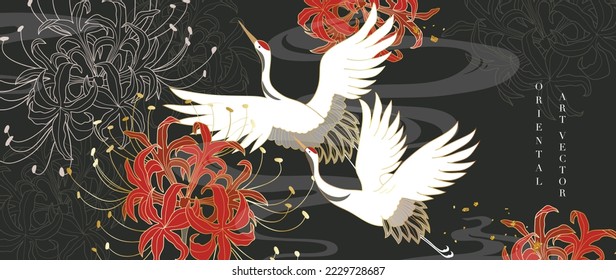 Luxury gold oriental style background vector. Chinese and Japanese wallpaper pattern design of elegant crane birds and flowers with gold line texture. Design illustration for decoration, wall decor.