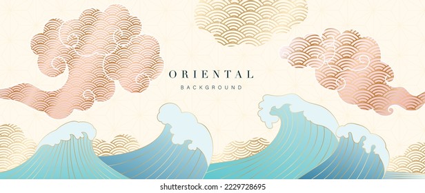 Vector de fondo de estilo oriental dorado de lujo. Diseño de fondo de escritorio con nubes y olas oceánicas en el arte oriental chino y japonés de la línea de arte con textura dorada gradiente para la decoración, decoración de pared.