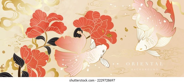 Luxury gold oriental style background vector. Wallpaper design with elegant Chinese goldfish and flowers with oriental gradient gold water wave texture. Design illustration for decoration, wall decor.