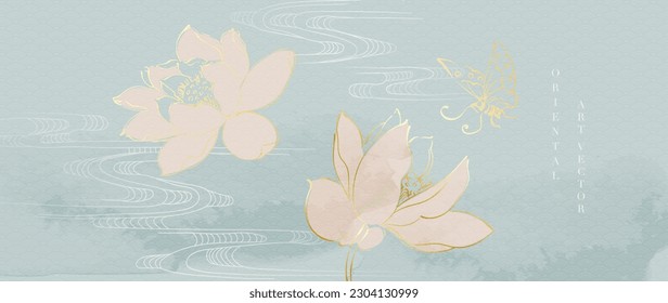 Luxury gold oriental style background vector. Chinese and Japanese wallpaper pattern design of lotus flower,river, watercolor, line art. Minimal design illustration for decoration, wall decor, banner.