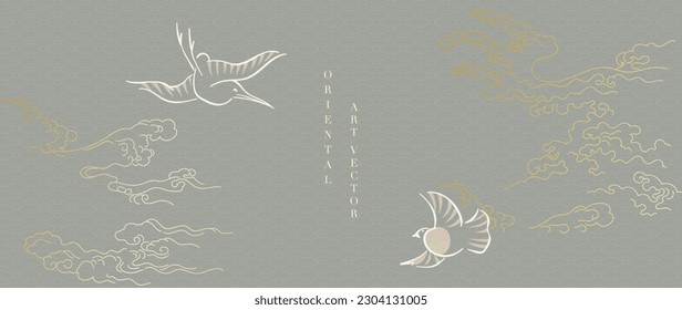 Luxuriöse goldener orientalischer Hintergrund, Vektorgrafik. Chinesische und japanische Tapeten-Muster-Design von Vogel, Wolke, Aquarell, Line Art. Minimale Design-Illustration für Dekoration, Wanddekor, Banner.