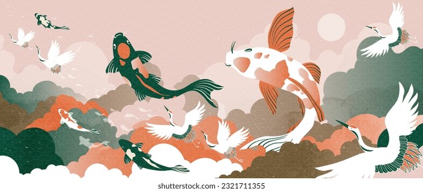 Vector de fondo de estilo oriental dorado de lujo. Diseño de patrones de papel pintado chino y japonés de aves grúas elegantes, peces koi con textura acuarela. Ilustración de diseño para la decoración, decoración de paredes.