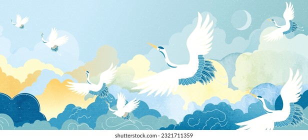 Luxury gold oriental style background vector. Chinese and Japanese wallpaper pattern design of elegant crane birds, cloud with watercolor texture. Design illustration for decoration, wall decor.