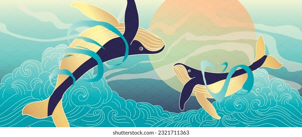 Vector de fondo de estilo oriental dorado de lujo. Diseño de fondo de paredes chino y japonés de ballenas elegantes, olas de mar, luna con línea dorada. Ilustración de diseño para la decoración, decoración de paredes.