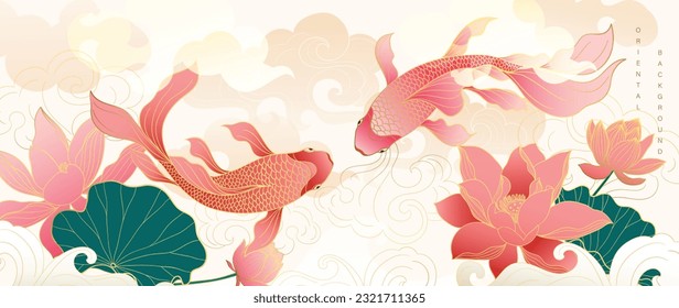 Luxury gold oriental style background vector. Chinese and Japanese wallpaper pattern design of elegant goldfish, lotus flowers with gold line. Design illustration for decoration, wall decor.