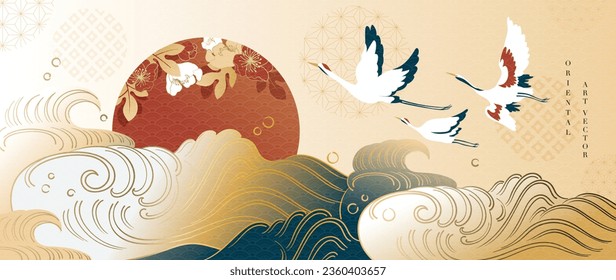 Luxury gold oriental style background vector. Chinese and Japanese wallpaper pattern design of elegant crane birds and sea wave with gold line texture. Design illustration for decoration, wall decor.