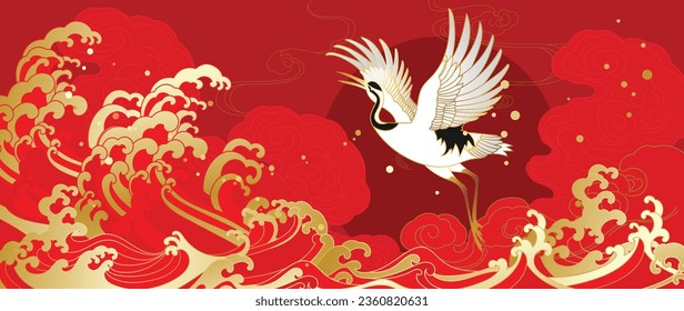 Vector de fondo de estilo oriental dorado de lujo. Arte de línea oriental chino y japonés con textura dorada. Diseño de fondo de escritorio con sol rojo de ola oceánica y flamenco.