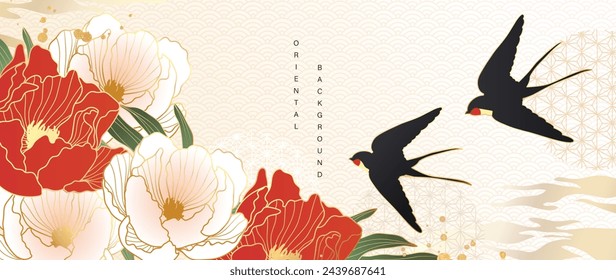 Luxury gold oriental style background vector. Chinese and Japanese wallpaper pattern design of elegant swallows and peony flowers with gradient gold line texture. Design for decoration, wall decor.