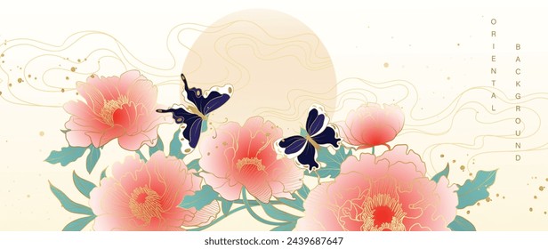 Luxury gold oriental style background vector. Chinese and Japanese wallpaper pattern design of elegant butterflies and peony flower with gradient gold line texture. Design for decoration, wall decor.