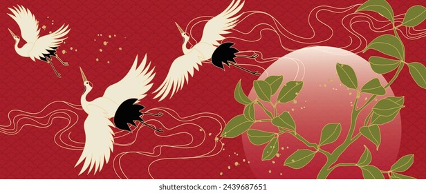 Luxury gold oriental style background vector. Chinese and Japanese wallpaper pattern design of elegant crane birds and moon with gradient gold line texture. Design for decoration, wall decor.