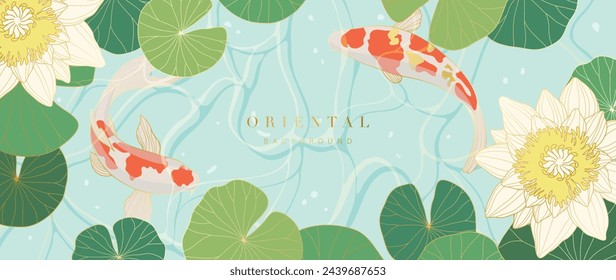 Luxury gold oriental style background vector. Chinese and Japanese wallpaper pattern design of elegant koi carp fish, lotus flower with gradient gold line texture. Design for decoration, wall decor.