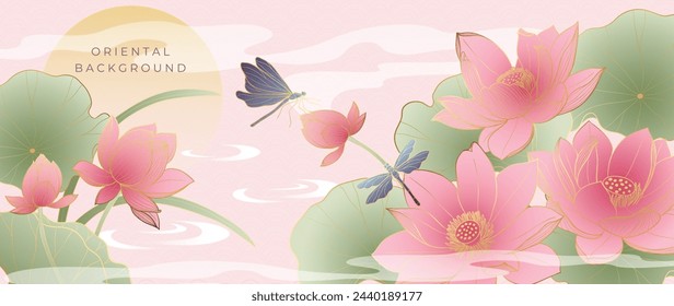 Vector de fondo de estilo oriental de oro de lujo. Diseño de fondo de pantalla chino y japonés de elegante flor de loto y libélula con textura de línea dorada. Ilustración de diseño para decoración, decoración de pared.