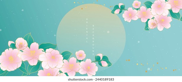 Luxury gold oriental style background vector. Chinese and Japanese wallpaper pattern design of elegant flower and moon with gold line texture. Design illustration for decoration, wall decor.