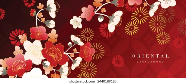 Luxury gold oriental style background vector. Chinese and Japanese wallpaper pattern design of elegant flower and firework with gold line texture. Design illustration for decoration, wall decor.