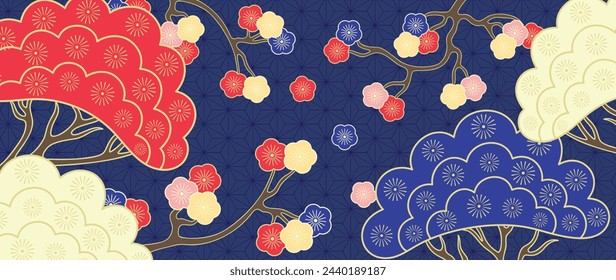 Luxury gold oriental style background vector. Chinese and Japanese wallpaper pattern design of elegant cherry blossom tree with gold line texture. Design illustration for decoration, wall decor.