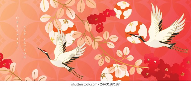 Luxury gold oriental style background vector. Chinese and Japanese wallpaper pattern design of elegant crane bird and flower with gold line texture. Design illustration for decoration, wall decor.