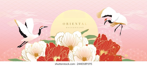 Vector de fondo de estilo oriental de oro de lujo. Diseño de fondo de pantalla chino y japonés de elegante pájaro grulla, flor de peonía con textura de línea dorada. Ilustración de diseño para decoración, decoración de pared.