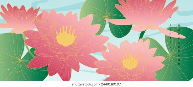 Luxury gold oriental style background vector. Chinese and Japanese wallpaper pattern design of elegant lotus flower and river with gold line texture. Design illustration for decoration, wall decor.