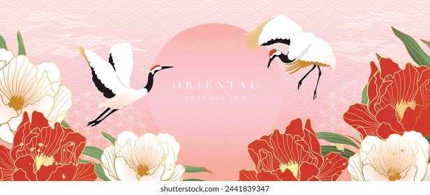 Luxury gold oriental style background vector. Chinese and Japanese wallpaper pattern design of elegant crane bird, peony flower with gold line texture. Design illustration for decoration, wall decor.