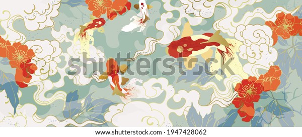Luxury gold oriental style background
vector. Chinese and Japanese oriental line art with golden texture.
Wallpaper design with flower and koi carp fish. Ocean and wave wall
art. Vector
illustration.