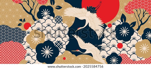 Birds design wallpaper with Cherry blossoms flower and Flamingo. Ocean and wave wall art.