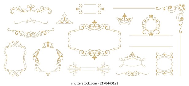 Luxury gold ornate invitation vector set. Collection of ornamental crown, dividers, border, frame, corner, components. Set of elegant design for wedding, menus, certificates, logo design, branding.