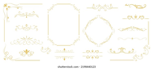 Luxury gold ornate invitation vector set. Collection of ornamental curls, dividers, border, frame, corner, components. Set of elegant design for wedding, menus, certificates, logo design, branding.