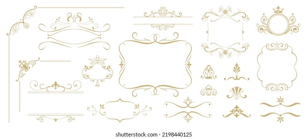 Luxury gold ornate invitation vector set. Collection of ornamental crown, dividers, border, frame, corner, components. Set of elegant design for wedding, menus, certificates, logo design, branding.