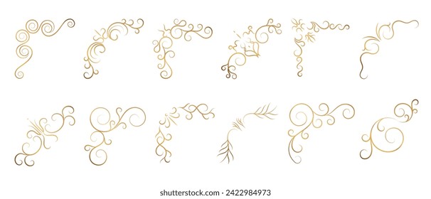 Luxury gold ornate invitation vector set. Collection of ornamental curls, dividers, border, frame, corner, components. Set of elegant design for wedding, menus, certificates, logo design, branding.