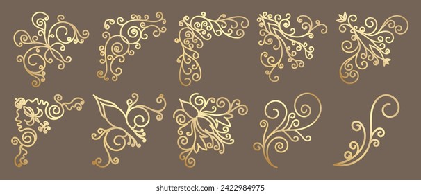 Luxury gold ornate invitation vector set. Collection of ornamental curls, dividers, border, frame, corner, components. Set of elegant design for wedding, menus, certificates, logo design, branding.