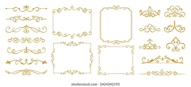 Luxury gold ornate invitation vector set. Collection of ornamental curls, dividers, border, frame, corner, components. Set of elegant design for wedding, menus, certificates, logo design, branding.