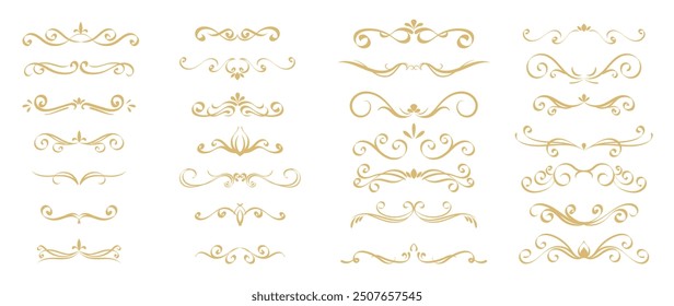 Luxury gold ornate invitation vector set. Collection of ornamental curls, dividers, border, frame, corner, components. Set of elegant design for wedding, certificates, logo design, branding.