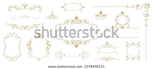 Luxury gold ornate invitation vector set.
Collection of ornamental crown, dividers, border, frame, corner,
components. Set of elegant design for wedding, menus, certificates,
logo design, branding.