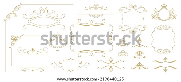 Luxury gold ornate invitation vector set.\
Collection of ornamental crown, dividers, border, frame, corner,\
components. Set of elegant design for wedding, menus, certificates,\
logo design, branding.