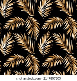 Luxury Gold palm leaves wallpaper. Tropical leaf background design for wall arts, prints,fabric, pattern and cover. vector illustration.
