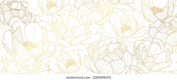 Luxury gold peony flower line art background vector. Natural botanical elegant flower with gold line art. Design illustration for decoration, wall decor, wallpaper, cover, banner, poster, card.