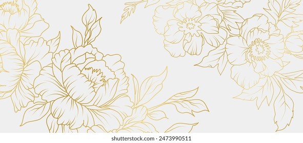 Fondo de flores de peonía de oro de lujo. Patrón floral tropical en estilo de arte de línea para el saludo, invitación, tarjeta de boda, arte de la pared, Fondo de pantalla e impresión. Ilustración vectorial