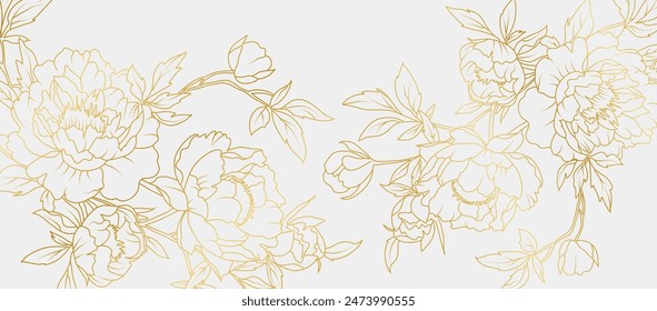 Fondo de flores de peonía de oro de lujo. Patrón floral tropical en estilo de arte de línea para el saludo, invitación, tarjeta de boda, arte de la pared, Fondo de pantalla e impresión. Ilustración vectorial