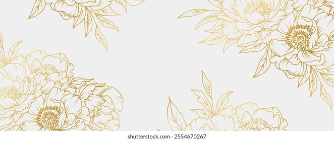 Luxury gold peony flowers background. Floral pattern tropical in line art style for greeting, invitation, wedding card, wall art, wallpaper and print. Vector illustration