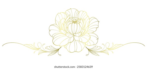 Luxury gold peony flowers background. Floral pattern tropical in line art style for greeting, invitation, wedding card, wall art, wallpaper and print. Vector illustration