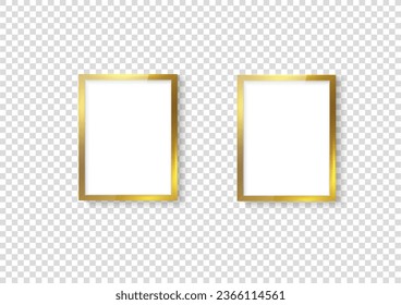 Luxury gold photo image frame. Elegant rectangle wall picture mock up object with shadow. Vector illustrator.