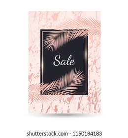 Luxury gold, pink, rosa, black marble abstract background, card, sale banner with pink palm leaves and premium design. Female summer exotic leaf pattern template with geometric frame