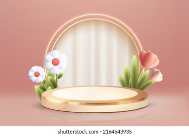 luxury gold podium 3d with flower on pink scane abstract background